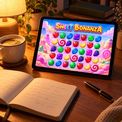 Masada açık bir defter, bir fincan kahve ve ekranında Sweet Bonanza açık bir tablet