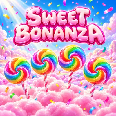 Sweet Bonanza logosu ve pembe şeker bulutlarının üzerinde dört lolipop