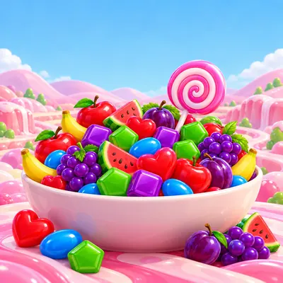 Sweet Bonanza şekerleri ve meyveleriyle tepeleme dolu beyaz bir kase
