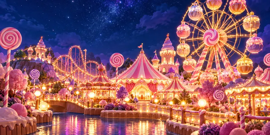 Gece ışıklarıyla parlayan, lolipop ve şekerlerle süslenmiş bir lunapark
